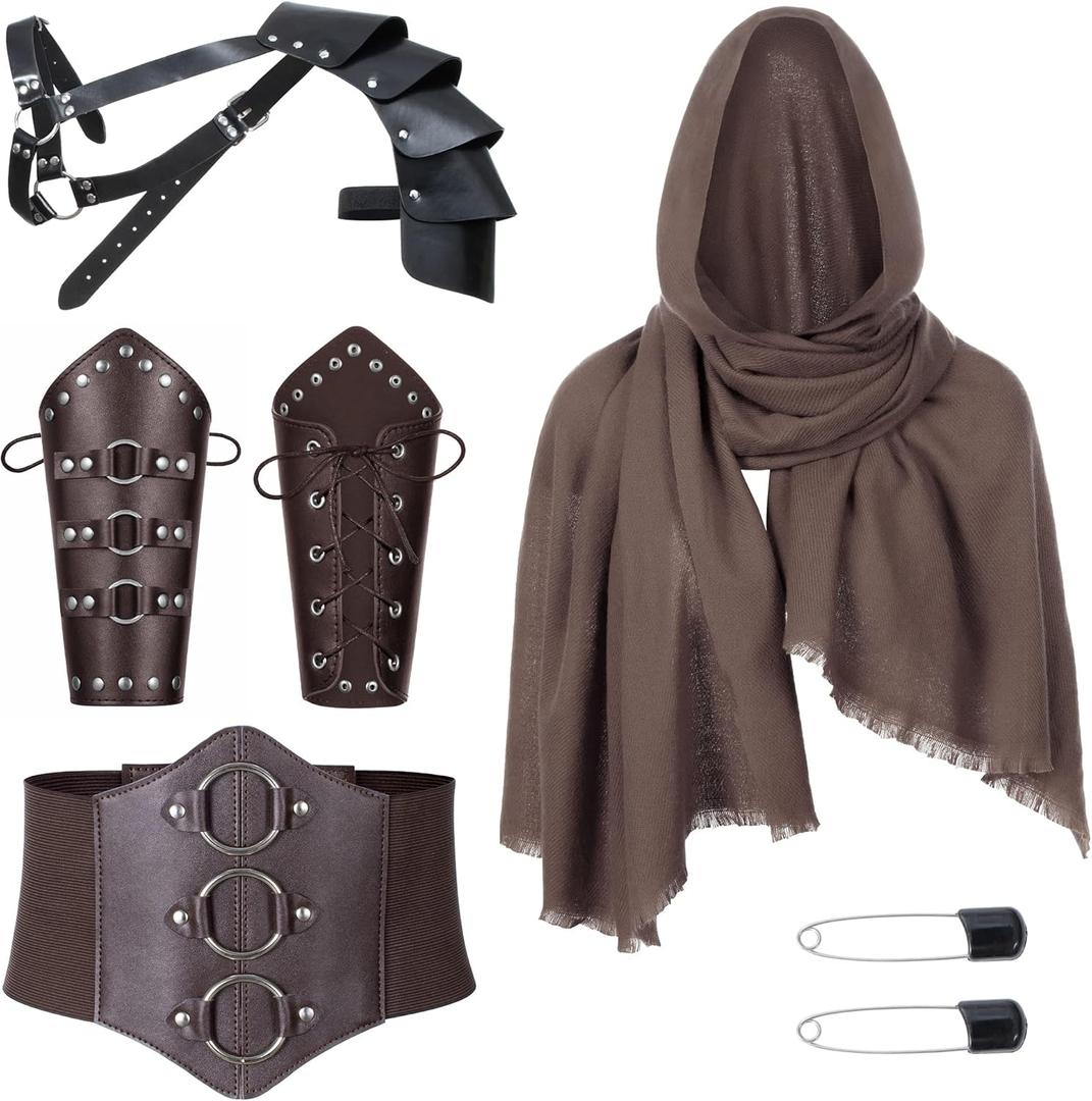 Medieval Knight PU Leather Corset Belt Shawl Men Renaissance Half Shoulder Cape Scarf Buckle Bracers Retro Accessories (One Size, Type1)
