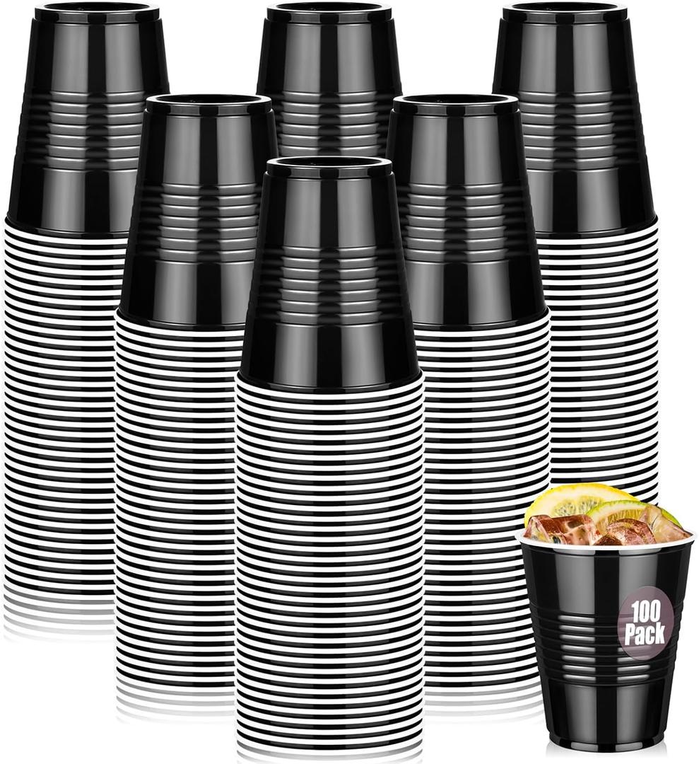 100 Pack Black Plastic Cups 12 oz,Disposable Cups for Party,Heavy Duty Drinking Cup,Graduation Shot Cups for Wedding Birthday Beer Taste Serving Snack Sample Tastings Barbecues Picnic