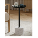 Round Metal Drink Table with Black Top and Faux Marble Base – Small Pedestal Side Table for Living Room, Bedroom, or Office – Modern Black Round Cocktail Table, Easy Assembly, Scratch-Resistant