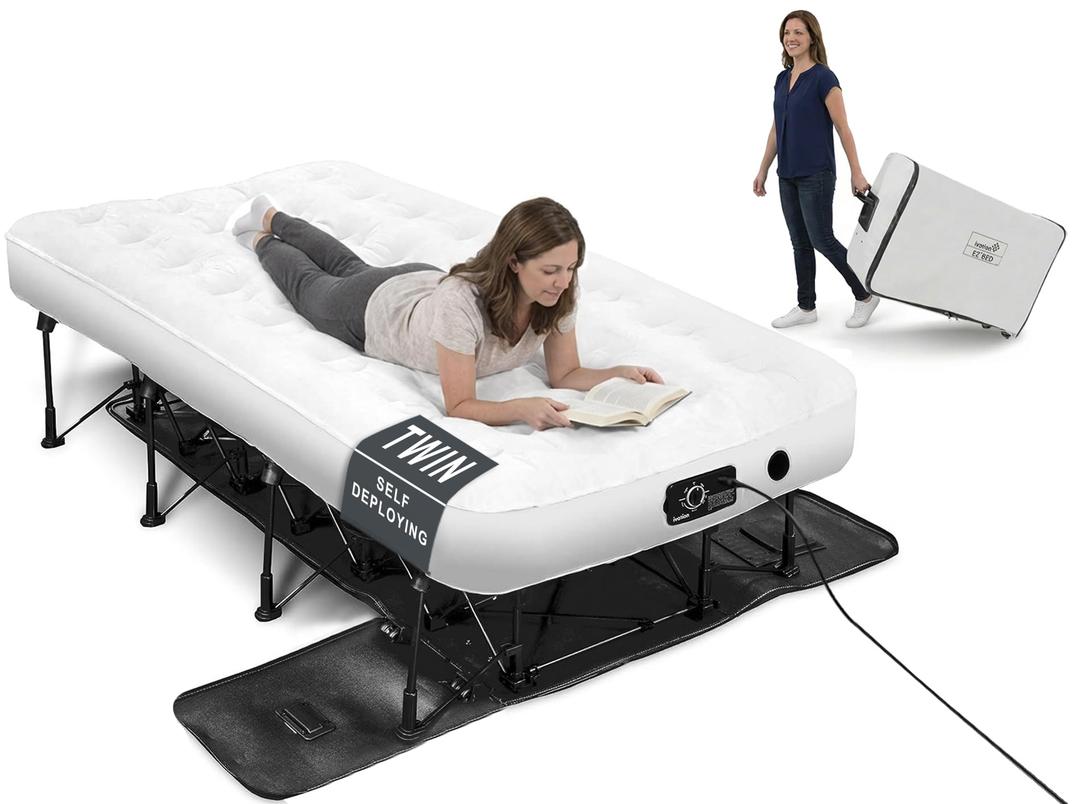 Ivation EZ®-Bed (Queen) Inflatable Air Mattress with Frame & Built-in Pump - 3 Min Self Inflate/Deflate - Raised Blow up Bed with Legs, Auto Shut Off, Premium Coil Design, Wheeled Portable Case