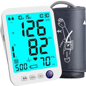 Blood Pressure Monitor Upper Arm Large LED Backlit Screen 1000 Sets Memory Automatic Digital BP Machine Adjustable BP Cuff 4 Batteries