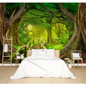 Beautiful Nature Green Forest Wallpaper Big Tree Jungle Landscapes Bedroom Scenery murals Office Decor Living Room tv Background Large Wall Mural - 137"x96" Not Peel and Stick (B15)