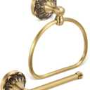 2 Pieces Set Antique Brass Toilet Paper Holder Retro Brass Hand Towel Ring Tissue Roll Paper Hanger Bathroom Hardware Wall Mounted Vintage Bathroom Accessories (Semi Circular)