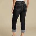 luvamia Straight Leg Jeans for Women Trendy Cropped High Waisted Cuffed Hem Stretchy Boyfriend Capri Jeans with Pockets Medium, Washed Black