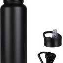 40 oz Insulated Water Bottle with Straw, Stainless Steel Sports Water Bottles with 2 Lids (Straw and Wide Mouth lid), Double Wall Vacuum, Leakproof, BPA-Free, Black (40 Ounces)