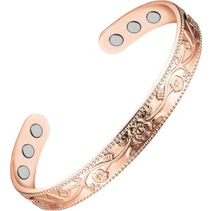 Feraco Copper Therapy Bracelets for Women, Pure Copper Magnetic Cuff Bracelet with Neodymium Magnets, Adjustable with Gift Box, Vintage Flower (Rose Gold)