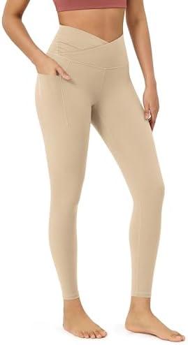 ODODOS Women's Cross Waist 7/8 Yoga Leggings with Pockets, Inseam 25" Gathered Crossover Workout Yoga Pants, Beige, Large