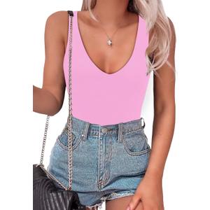 SAUNGKUAI Women's Bodysuit Plunge Deep V Neck Backless Sleeveless Going Out Tank Tops Thong Body Suits Leopard (X-Large, Light Pink)