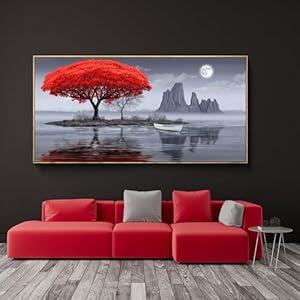 XLSJERST Large Wall Art - Red Room Wall Art Bedroom Decoration Frame Canvas Artwork Moon Landscape Lake Pacture for Living Room Office Black and White Wall Art 24x48 Inches