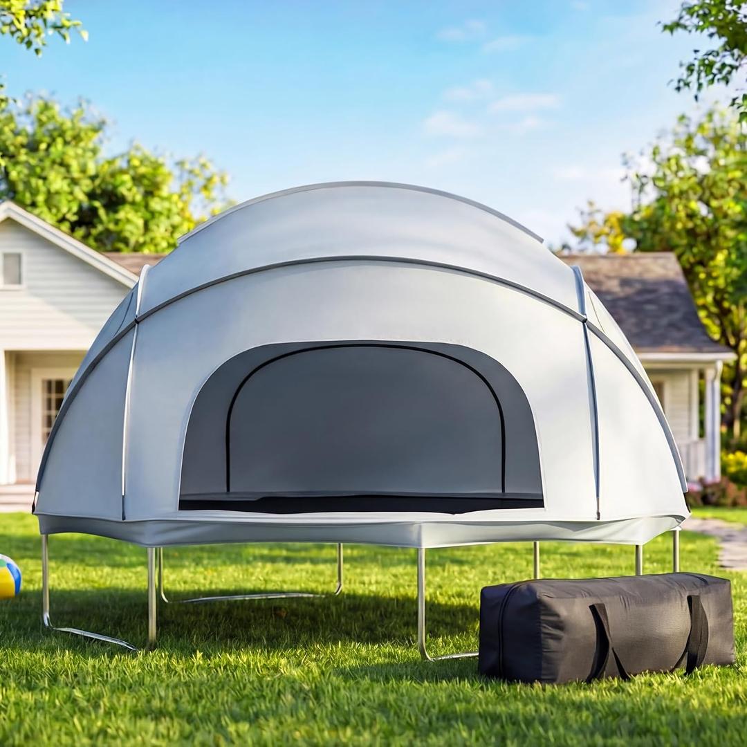 14FT Trampoline Tent Cover with Poles, Waterproof 210D Oxford Dome Trampoline Tent, Outdoor Trampoline Shelter with Windows & Zipper Door, Includes Storage Bag Trampoline Not Included