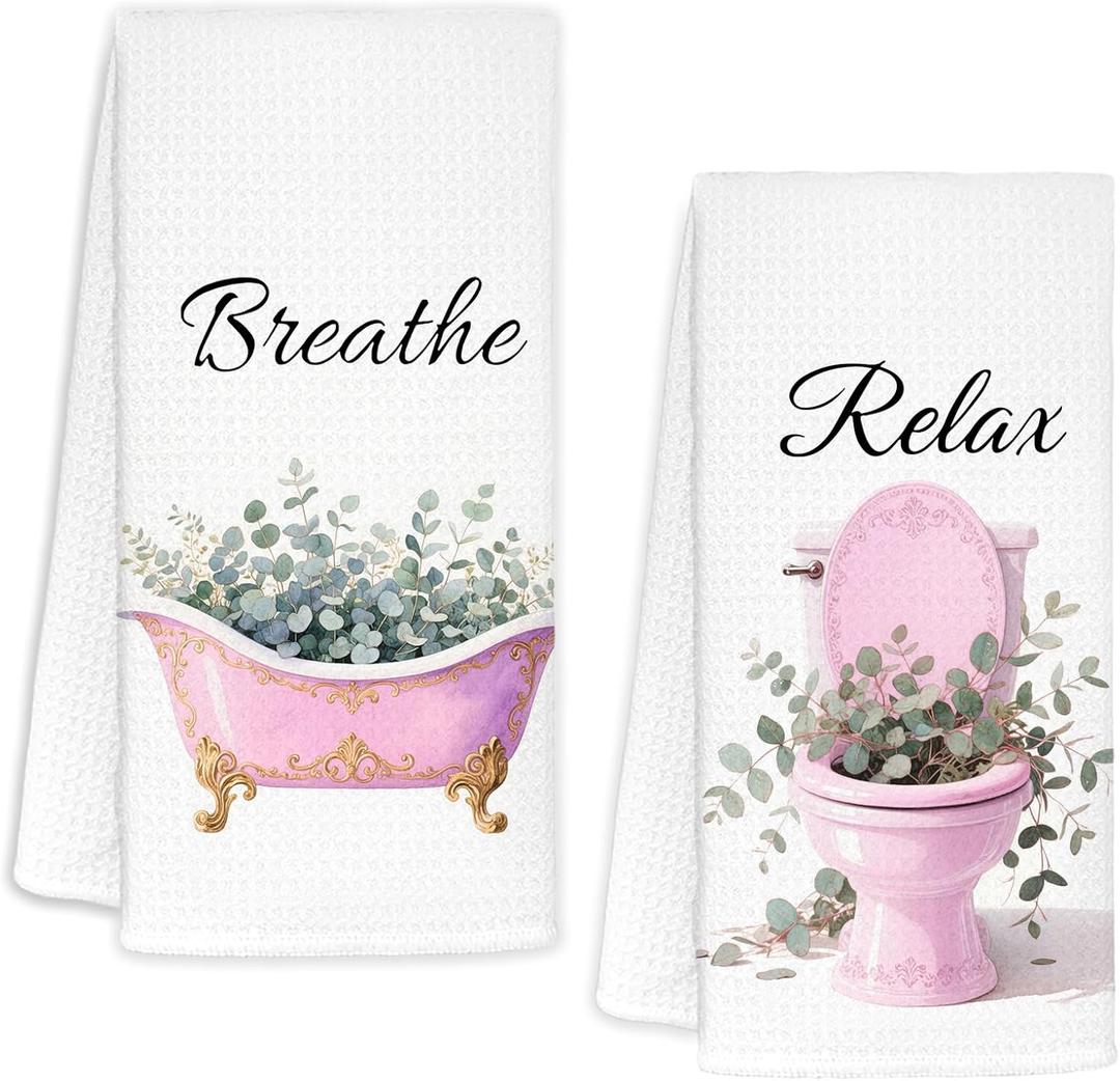 Sage Green Eucalyptus Bathroom Hand Towels Set of 2, Breathe Relax Pink Bathtub Toilet Decorative Hand Towels for Girls Bathroom Spa Gym Yoga, 16x24 Inch