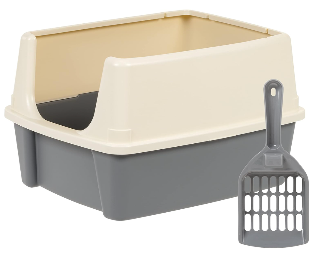 Amazon Basics Large Cat Litter Box with High Sides, Open Top for Easy Access, Includes Scoop with Storage, 19" x 15" x 11.75", Grey/Beige