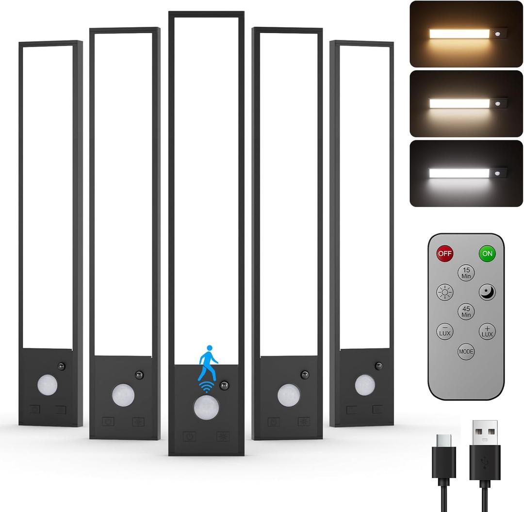 5 Pack Under Cabinet Lighting Wireless, 8" Rechargeable Motion Sensor Light Indoor, 3 Color Dimmable Magnetic Closet Lights, Under Counter Lights for Kitchen, Stairs, Closet Light with Remote