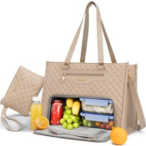 Bagstellar Lunch Tote Bag for Women, 15.6 Inch Laptop Work Bag with Insulated Lunch Box Compartment & Purse Large Capacity Quilted Computer Handbag for Office Business Work Nurse Teacher Travel Casual (Apricot)
