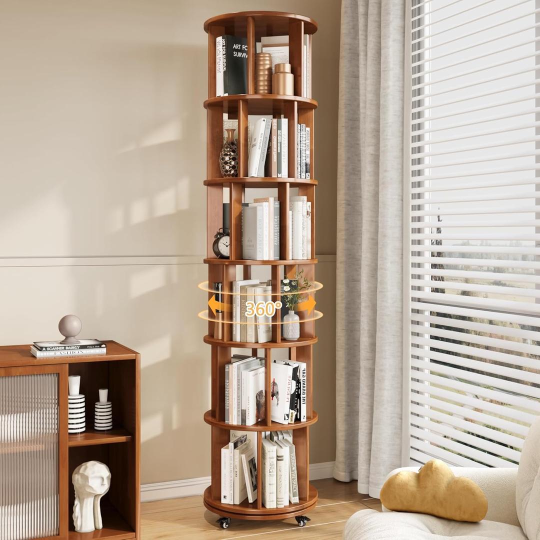 6 Tier Bookshelf Tower, 360 Solid Wood Spinning Bookcase with Swivel Wheels, Floor Standing Book Shelf for Small Space, Bookshelf for Home Office Study Room Bedroom Living Room (Walnut)