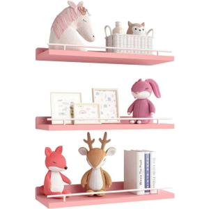 WOPITUES Floating Shelves with Metal Guardrail, Shelves for Wall Decor Set of 3, Wall Shelves for Bedroom, Bathroom, Kitchen, Living Room, Plants, Picture Frames, Art-Pink (15.7 inch)