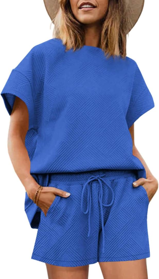 Tankaneo Womens Loungewear Set Short Sleeve Tops and Shorts 2 Piece Outfits Matching Lounge Pajama Set with Pockets (X-Large, Blue)
