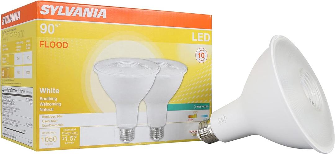 Sylvania LED PAR38 Light Bulb, 90W = 13W, 10 Year, Non-Dimmable, 1050 Lumens, Wet Rated, Energy Star, 3000K, White - 2 Pack (79276)