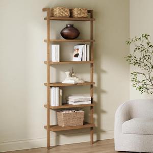 Nathan James Beacon Scandinavian 6-Shelf Wooden Wall Mounted Bookcase, Rustic Solid Wood Bookshelf, Light Brown