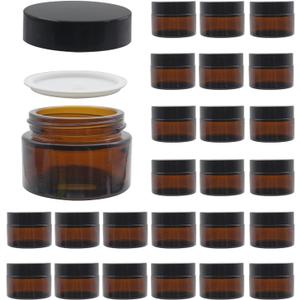 24 Pack 1 oz Round Amber Glass Cosmetic Jars with Lids And Inner Liners, Travel Glass Jars, Refillable Cosmetic Containers for Lotion, Lip Scrub, Makeup, Eyeshadow, Slime, Paint