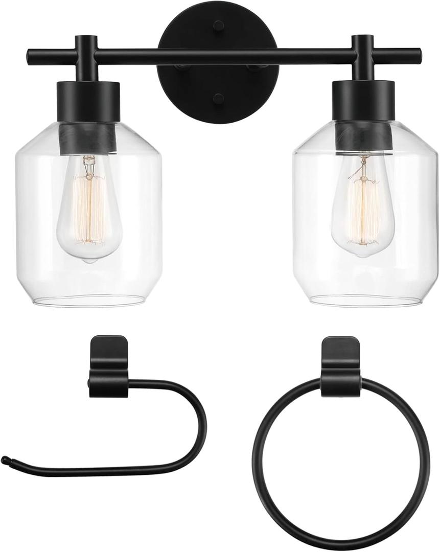 GLOBE Electric 51850 Cannes 3-Piece Powder Room Set, Matte Black, 2-Light Vanity Light with Clear Glass Shades, Toilet Paper Holder, Towel Ring, Bulb Not Included