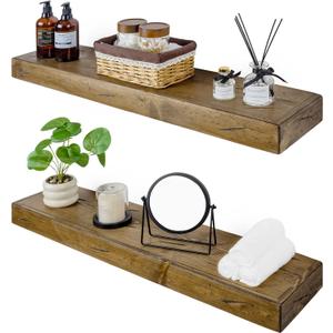 Floating Shelves 3 inch Thick for Wall Set of 2,Solid Pine Wood Wall Mount Shelf for Kitchen Living Room Bedroom Bathroom,8" D x 36" L x 3" H-Distressed Black Walnut
