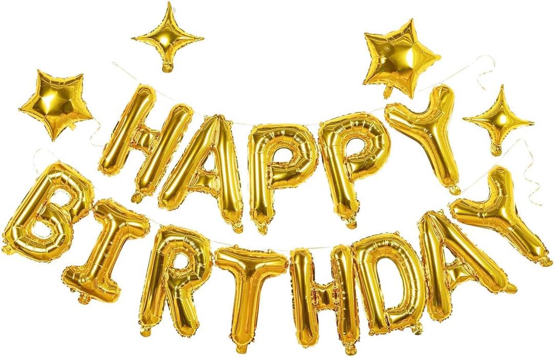Gold Happy Birthday Banner Balloon Aluminum Foil 16 Inch Letter,10 Inch Five Pointed Star Four Pointed Star Suitable for Kids, Men, Women, Boys and Girls Party Decoration Supplies