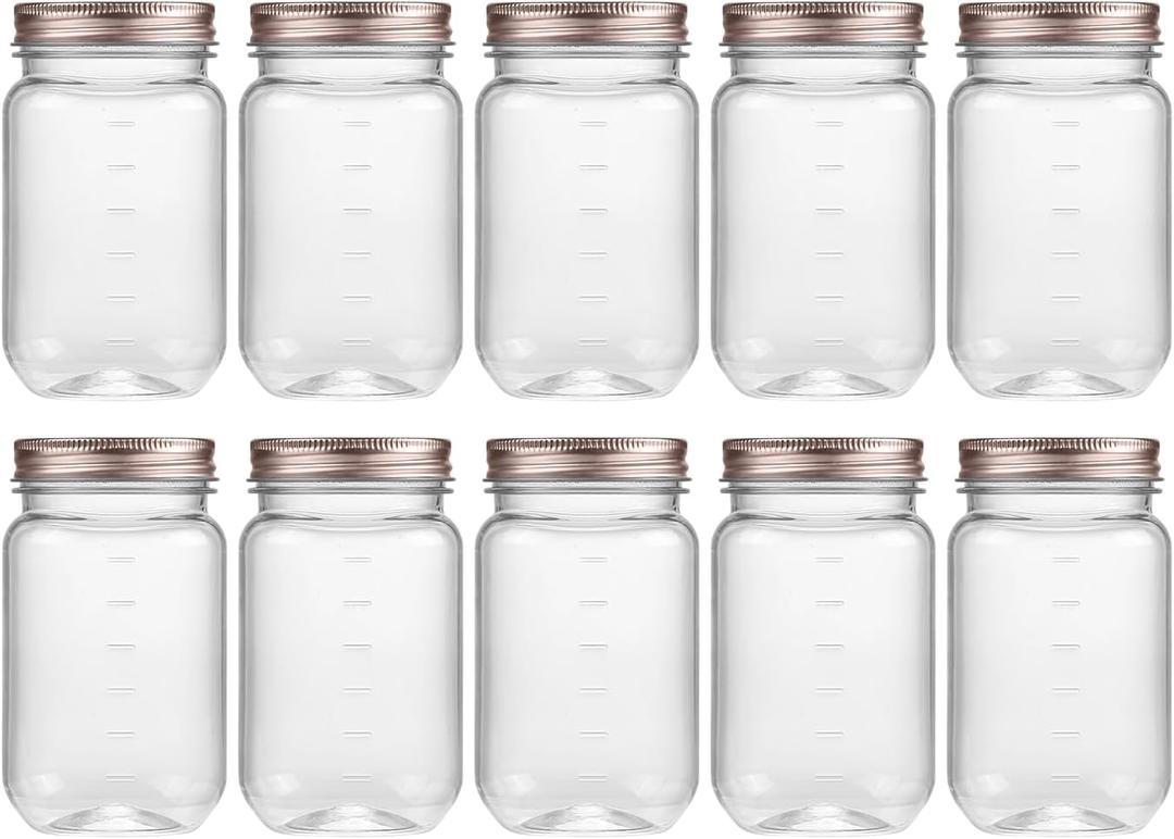 novelinks 16 oz Clear Plastic Jars with Lids, Refillable 16oz Mason Jars with Lids & Storage Containers for Kitchen & Household Use (10 Pack,Rose Gold)