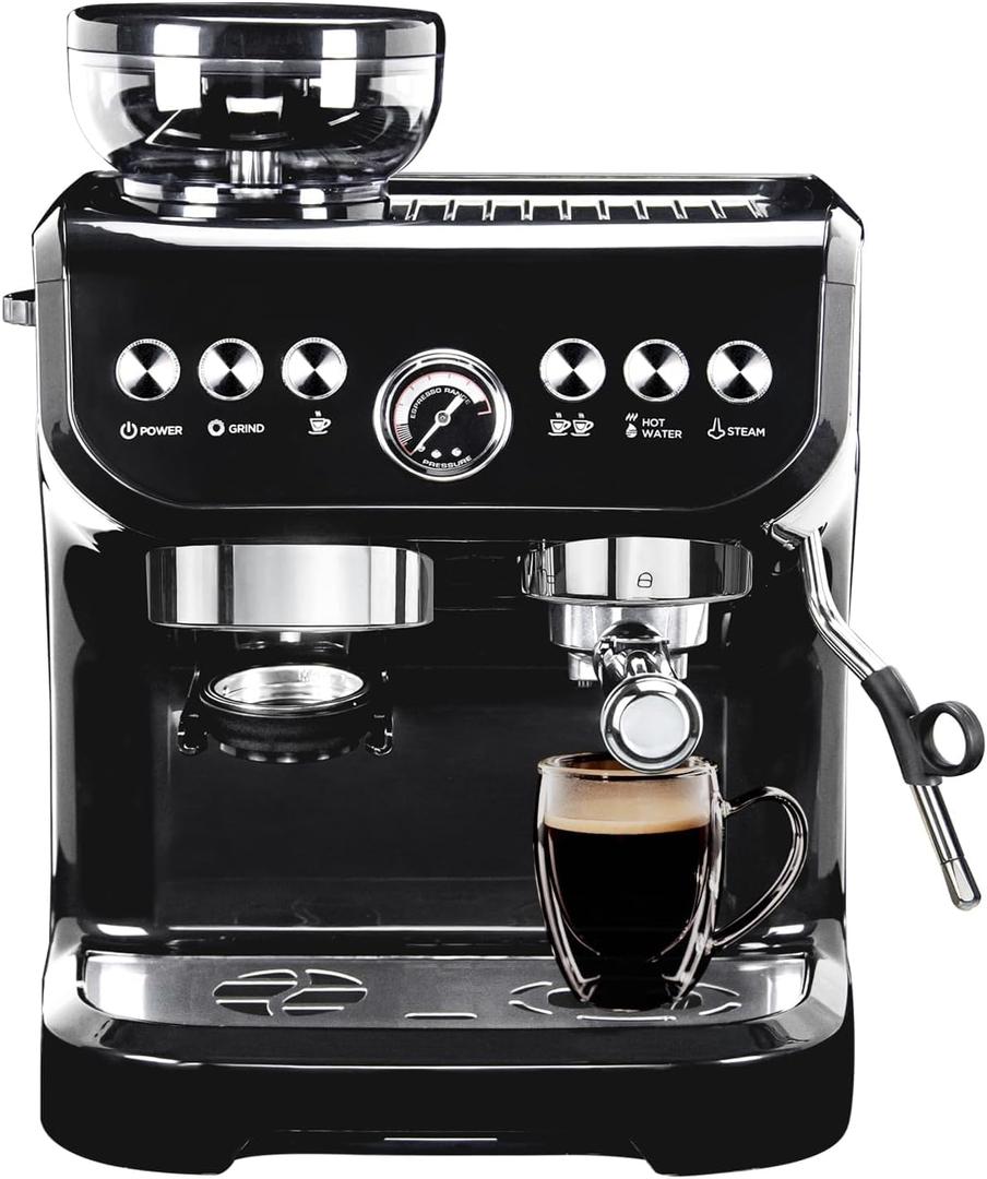 MIROX Espresso Machine 15 Bar, Coffee Maker With Milk Frother Steam Wand, Built-In Bean Grinder, Combo Cappuccino Machine with 70oz Removable Water Tank (ABS high-strength plastic shell) (BLACK)