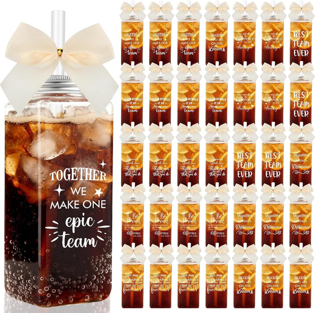 Skylety 36 Pcs Thank You Gifts for Coworker Back to School Gift Bulk 2026 Employee Appreciation Gifts Cups Bulk 13.5 oz Clear Skinny Tumblers with Straws Lids Bow(Team,Beige)