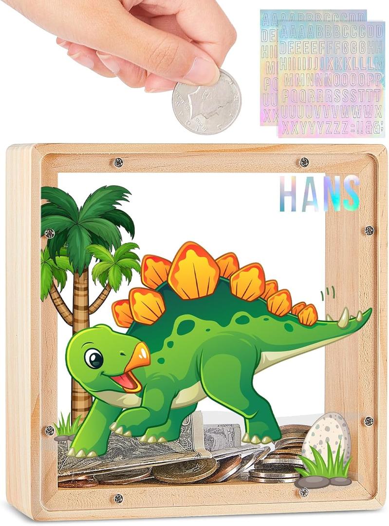 Wooden Piggy Bank for Kids Boys Girls, DIY Name Coin Bank Unicorn Dinosaur Money Bank with Letter Stickers (Green Orange)
