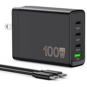 100W USB C Charger Block,4-Port GaN Fast Charger Compatible with MacBook Pro, MacBook Air, Google Pixelbook, ThinkPad, Dell XPS, iPad Pro, Galaxy iPhone All USB C Devices 6ft