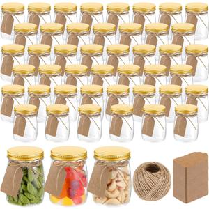 Nitial 50 Pack 5 oz Plastic Jars with Lids Bulk Yogurt Containers with Lids Gift Jars with DIY Craft Twine and Labels Gifts for Birthday Wedding Halloween Christmas Party Favor(Gold,Aluminum Lid)