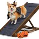 Adjustable Dog Ramp for Bed - Foldable Wooden Ramp for Dogs to Get on Bed, Couch, or Car with 13.4" Wide Walking Space (Walnut Wood with Gray Carpet, Medium)