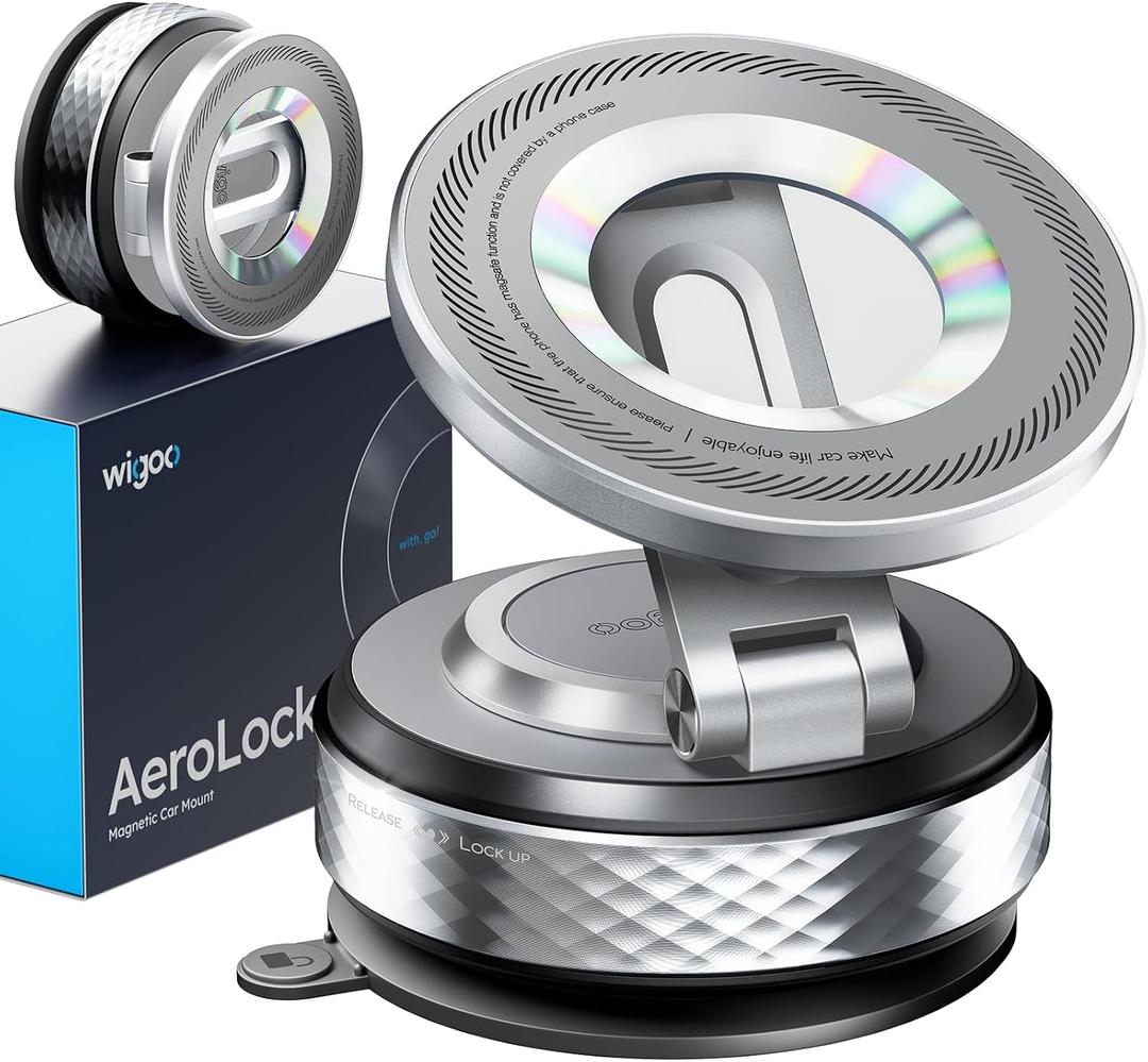 Wigoo Vacuum Magnetic Phone Holder for Car for Magsafe [80LBS Suction & 3000gf Magnetic] 360 Adjustable Car Phone Mount, for iPhone 17 Pro Max 16 15 14 13 12 Air Plus, Silver