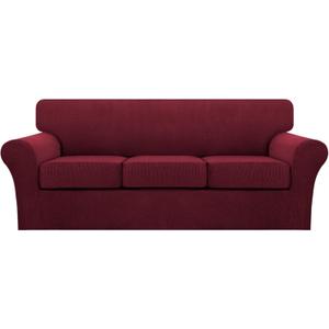 Turquoize 4 Piece Sofa Covers for 3 Cushion Couch Sofa Slipcover Soft Couch Cover for Dogs Washable Furniture Cover with 3 Individual Large Cushion Covers Feature Fabric (Large Sofa, Burgundy)