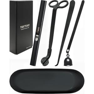 5 in1 Candle Accessory Set with Rechargeable Candle Lighter, Candle Wick Trimmer, Candle Wick Snuffer, Candle Wick Dipper, Storage Tray Plate, Candle Care Kit (Matte Black)