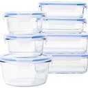 Amazon Basics Leak-Proof Glass Locking Lids Food Storage Containers, 14-Piece Set, 7 Count of Bases and 7 Plastic Lids, Clear, Blue, BPA Free