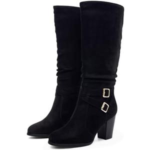 Ermonn Womens Mid Knee High Boots Chunky Heel Slouchy Metal Buckle Side Zipper Fashion Winter Shoes. Size 7