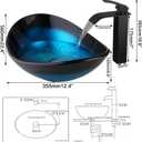 Blue Vessel Sink Oval Glass Vessel Sink with Waterfall Faucet and Pop-Up Drain Boat Shape Bathroom Sink Above Counter,Artistic Tempered Glass Vessels Sinks Bowl, 22.4"L x 12.4"W x 6.6"H