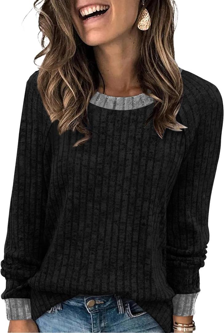 WIHOLL Long Sleeve Shirts for Women Lightweight Sweaters Fall Outfits 2026 Color Block Winter Clothing Dressy Casual Soft (XX-Large)