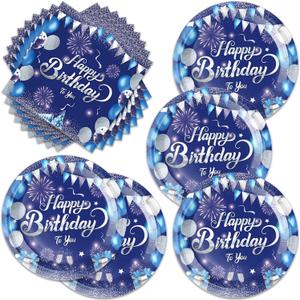 40Pcs Blue and Sliver Birthday Party Supplies for 20 Guests Tableware Set Confetti Sprinkles Plates and Napkins for Women Men Blue and Sliver Birthday Party Decorations