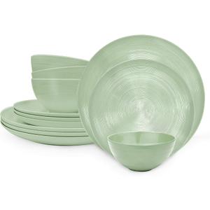Zak Designs Dinnerware Sets for Indoors and Outdoors, 12 Pieces Melamine Plastic Plates and Bowls for Dinnertime with Family (American Conventional Sage)