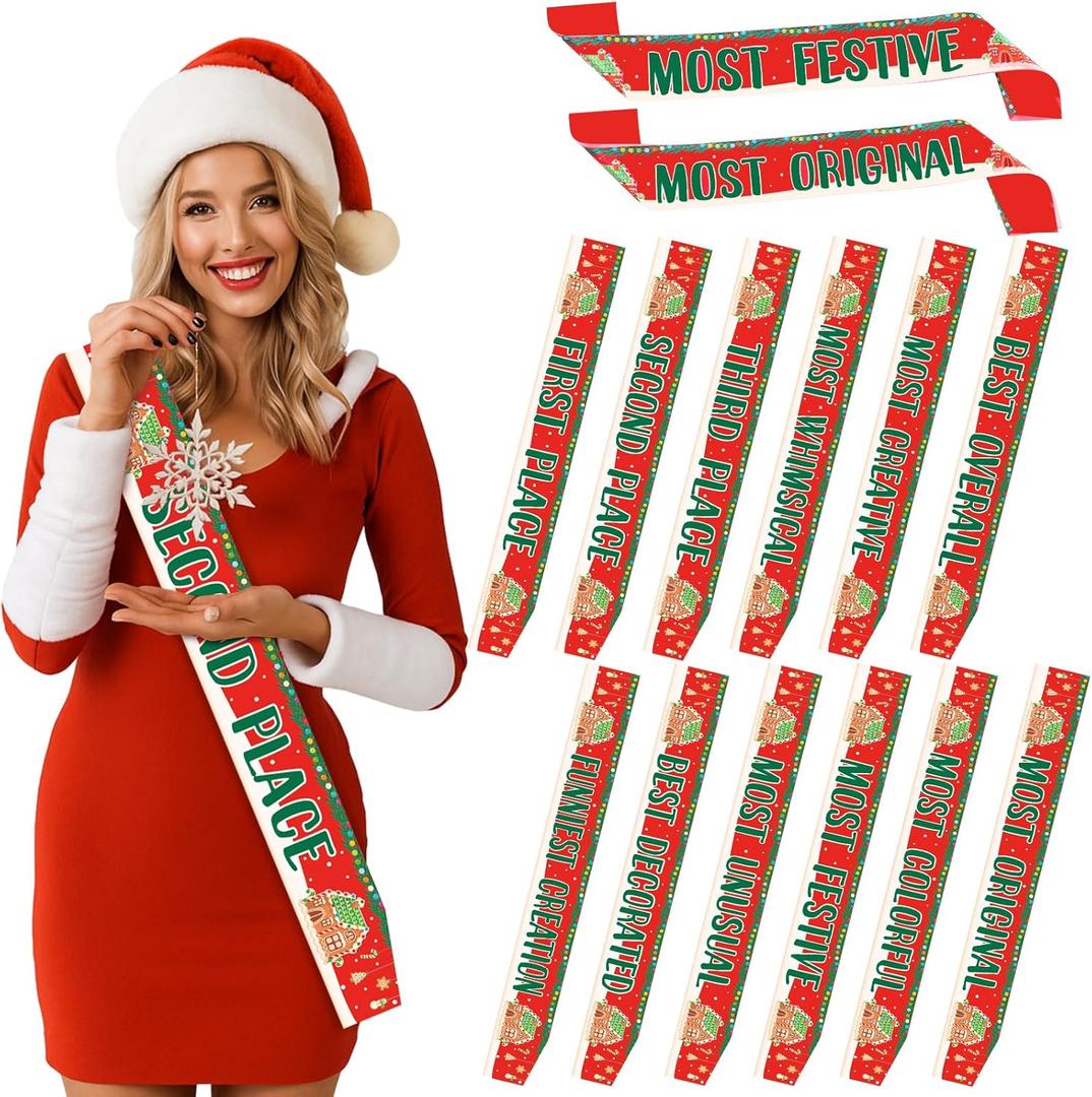 Blosssound 12 Pcs Christmas Gingerbread House Contest Sashes Christmas Party Trophy Award Xmas Funny Costume Contest Prize Party Game Favors Dress up Costume for Teens Adults Holiday Supplies