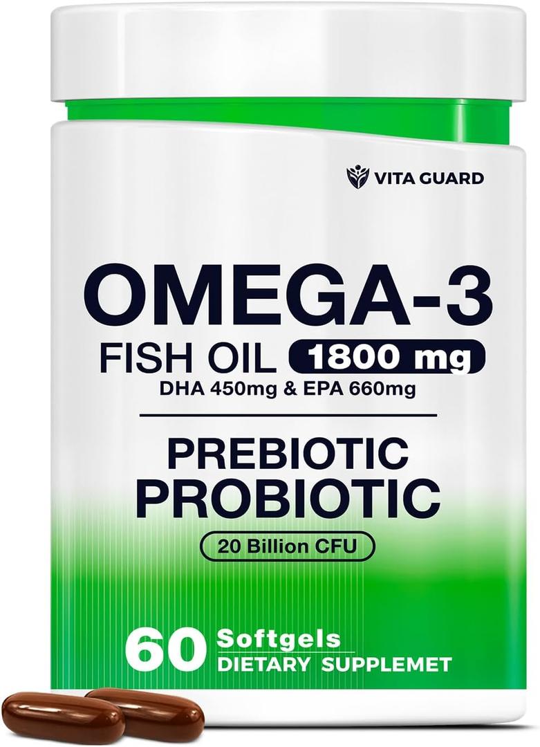 Omega-3 Fish Oil with Prebiotics & Probiotics – 1800mg EPA & DHA Supplement for Heart, Brain, and Gut Health – 20 Billion CFU, Inulin Fiber, Burpless Lemon-Flavored Softgels