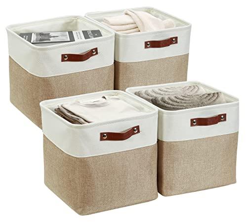 DECOMOMO Storage Cubes, 11x11 Cube Storage Bins, Baskets for Shelves (Beige & White, 4 Pack)