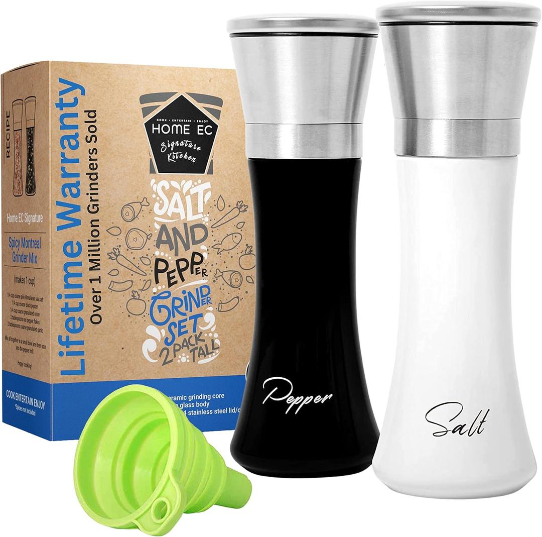 HOME EC Stainless Steel Salt and Pepper Grinder Set of 2 - Adjustable Ceramic Sea Salt Grinder & Pepper Grinder - Glass Salt and Pepper Shakers - Pepper Mill & Salt Mill W/Funnel - Black and White (2pk, Black/White Glass)