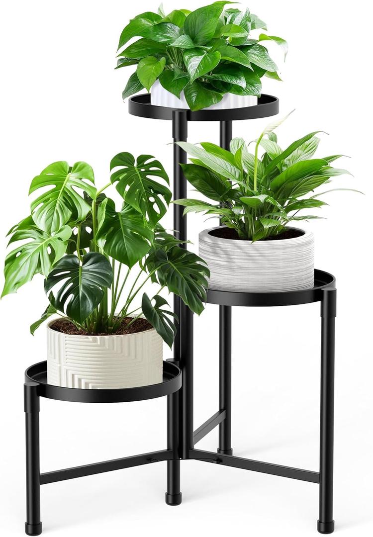 3 Tier Corner Plant Stand Indoor Outdoor, Metal Plant Shelf with 10 Inch Wide Tray,Flower Pot Display Holder Iron Rack Organizer Stand for Living Room Office Garden Patio Balcony Black