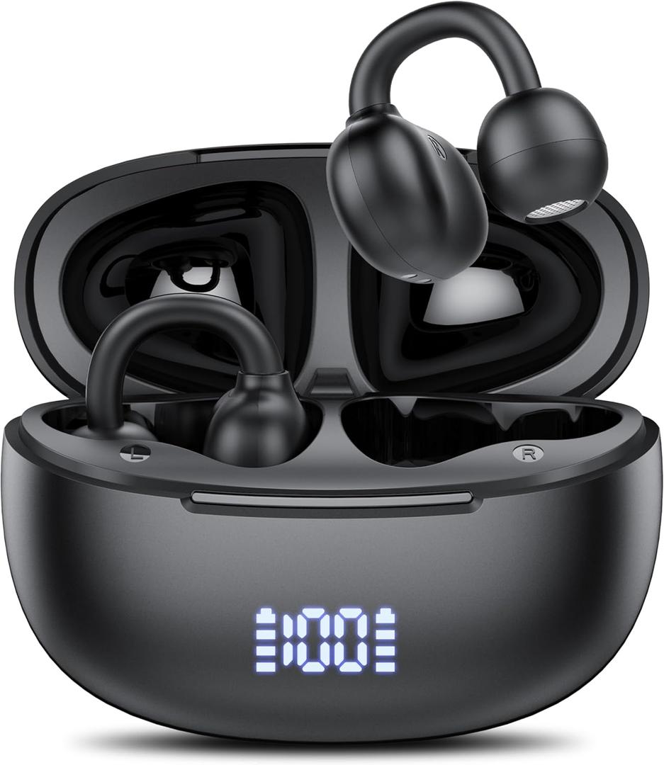 Clip on Earbuds Open Ear Wireless Bluetooth 5.4 Headphones with Noise Cancelling Mic, 48H Playtime Ear Buds,IP68 Waterproof, Comfortable for Small Ears (Black) (standard)