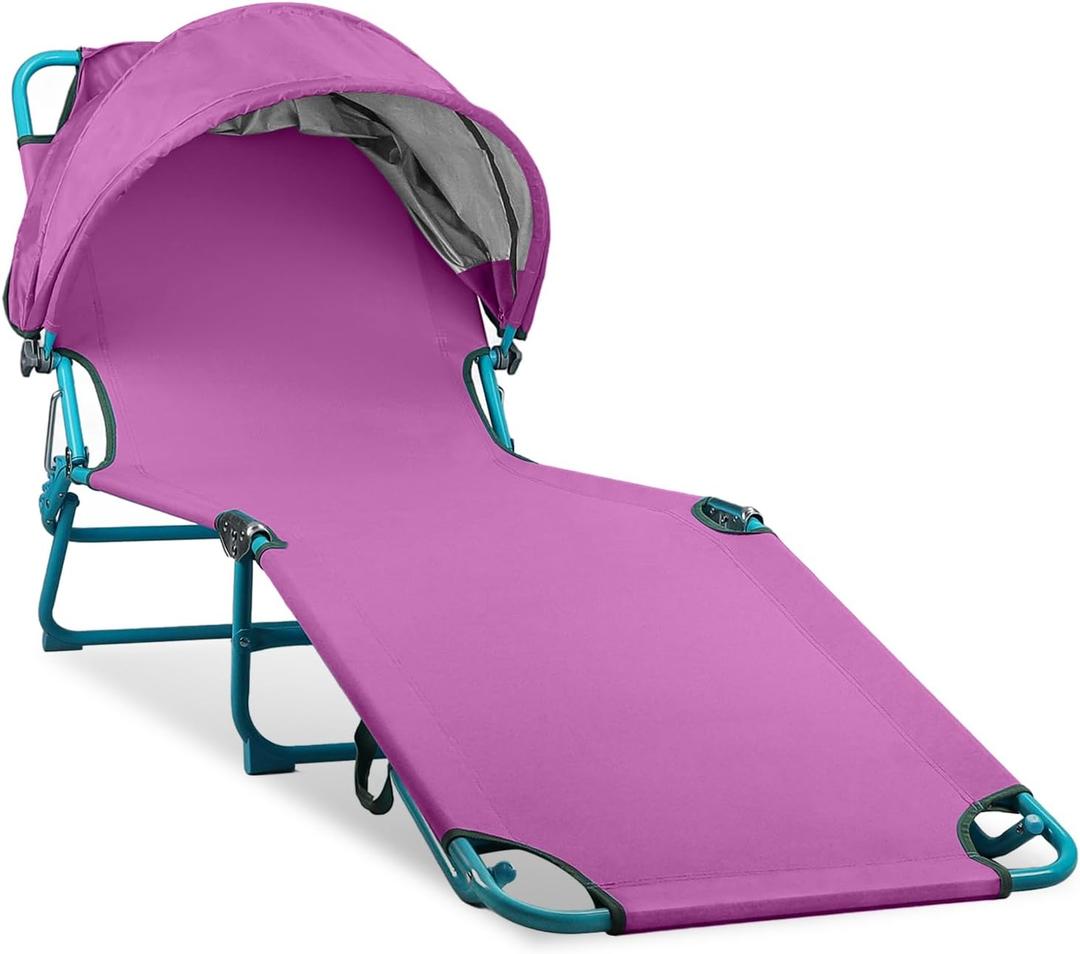 Colorsoul Tanning Chair with Sun Canopy,Adjustable 4-Position Beach Lounge Chair for Adults,Heavy Duty Folding Outdoor Lounge Chair,for Patio Poolside Sunbathing,UPF 50+,300 LBS,Purple, single